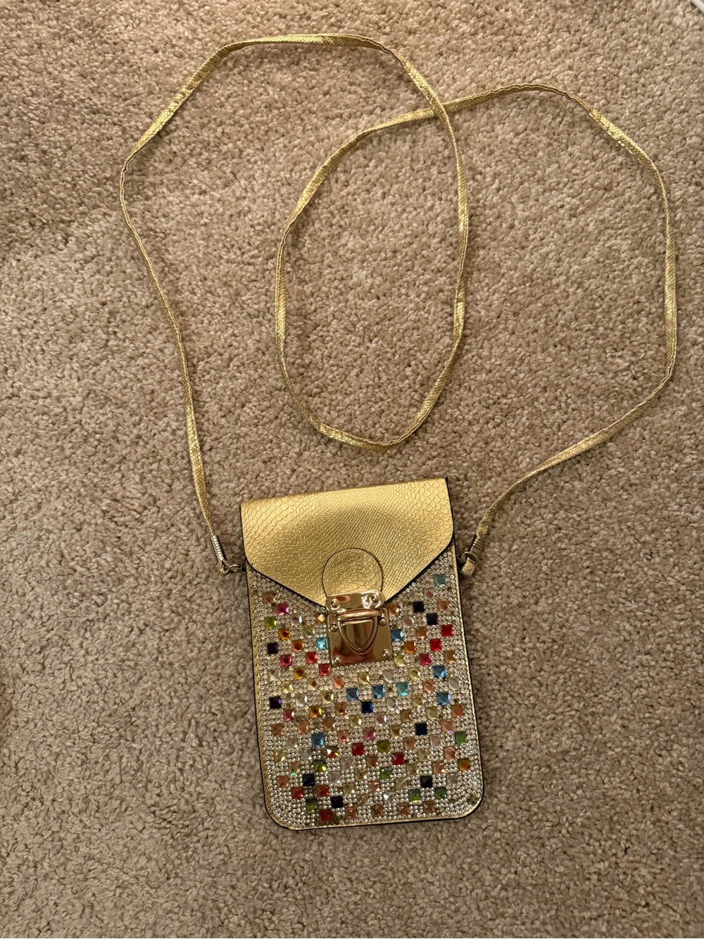 Gold Multi-Color Crystal Crossbody Phone Bag